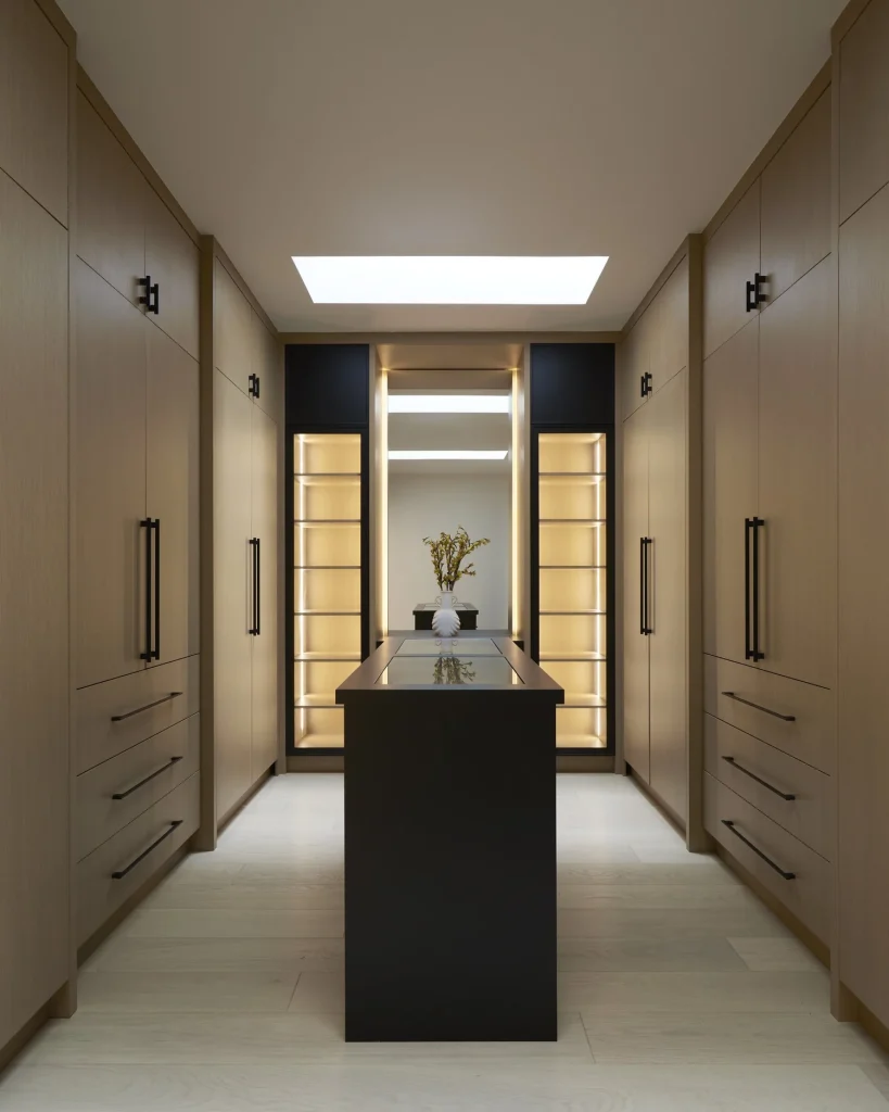 Walk‑in closet with built‑in shelving and hanging space.